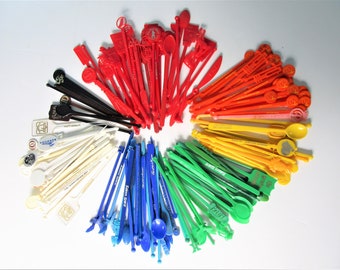Retro Plastic Advertising Swizzle Sticks - Set of 12 - Your Choice - Assorted Colors - Vintage Mid Century Barware