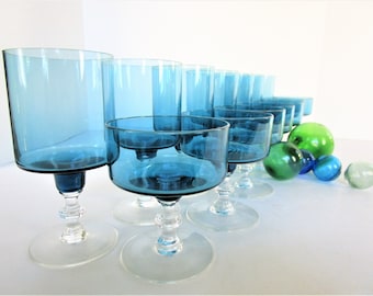 Vintage Teal Blue Glassware - Set of 7 - Your Choice - Champagne Coupe/Cocktail Glasses or Water/Wine Goblets - Vintage Barwares