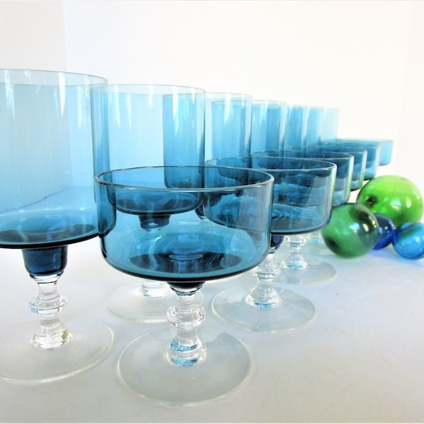 Vintage Teal Blue Glassware - Set of 7 - Your Choice - Champagne Coupe/Cocktail Glasses or Water/Wine Goblets - Vintage Barwares