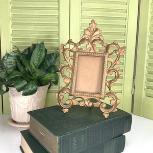 Vintage Ornate Gilded Cast Iron Picture Frame - 8 1/2&quot; x 6&quot; - Victorian Style Scrollwork Easel Frame - Romantic Tabletop Picture Frame