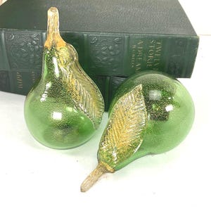 Vintage Murano Art Glass Gold Flecked Green Pears with Paper Label - Set of 2 -- 4 1/2" Handblown Murano Art Glass Fruit - Green Glass Pears