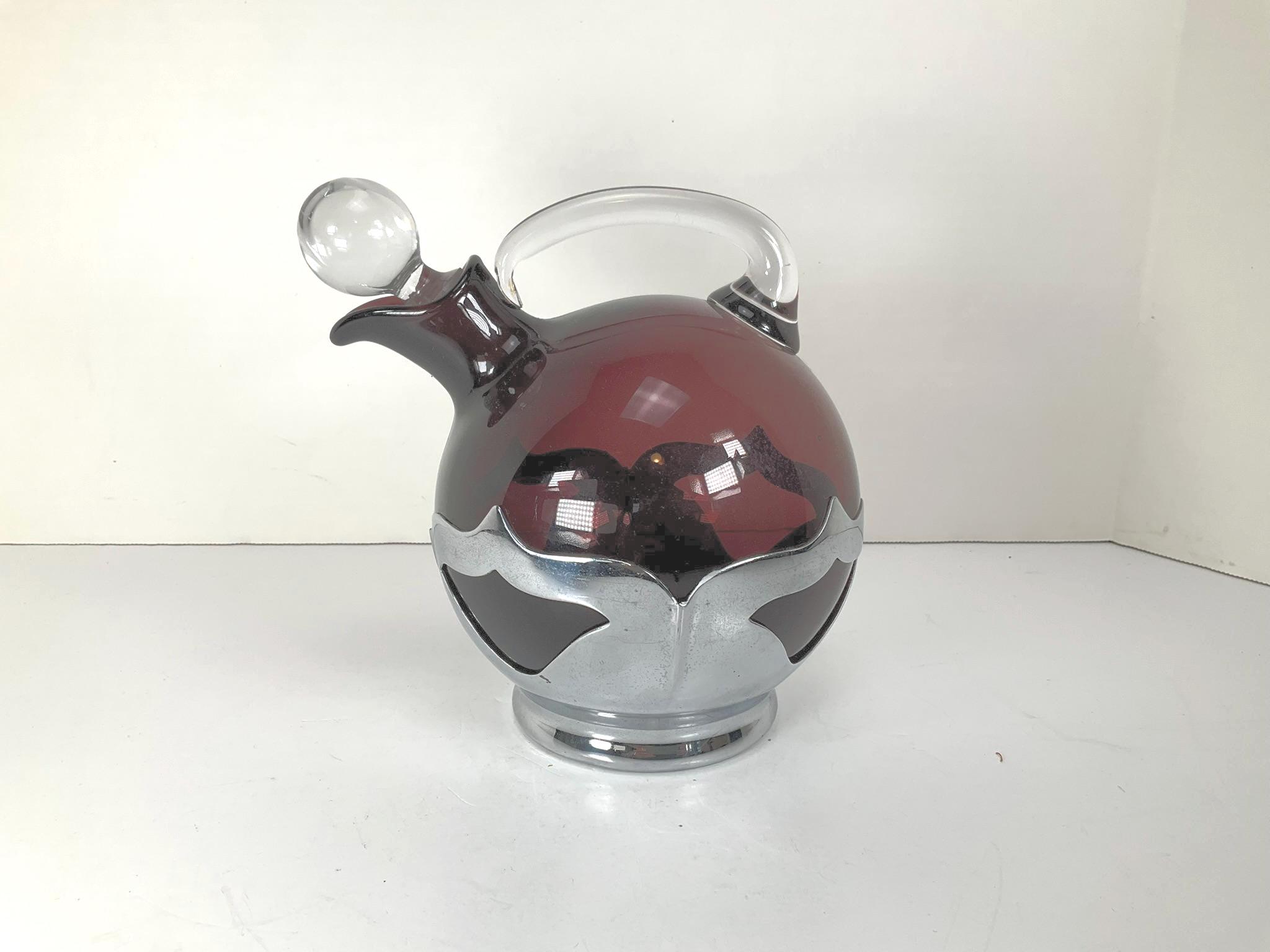 Art Deco Farber Bros./Krome Kraft Chrome & Amethyst Glass Ball Decanter - Cambridge Glass -Vintage Barware - AS IS