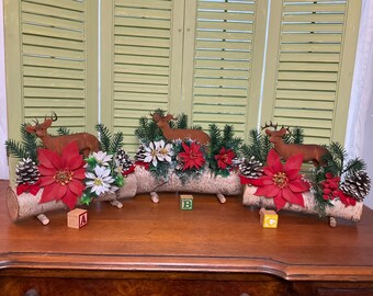 Vintage Flocked Deer/Reindeer w/Plastic Greenery on Birch Log - Retro Christmas Decor - Centerpiece - Mantle Decor - Kitschy Yule Log