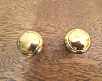 Vintage Heavy Brass Drawer Pulls - Set of 2 - Shiny Brass Round Drawer Knobs - Mounting Screws Included - DIY - Relacement Knobs