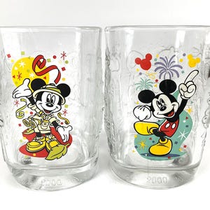 Disney 2000 Mickey Mouse Glasses - Set of 2 - McDonald&#39;s Disney Glasses - Square  Glasses - Disney World Celebration Collectible Glassware