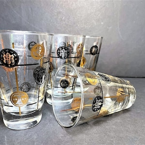 Vintage Libbey &quot;Old Coins&quot; Flaired Tumblers - Set of 4 - Libbey &quot;Old Coins&quot; Black & 22K Gold Old Fashioned/Rocks Bar Glasses - Retro Barware