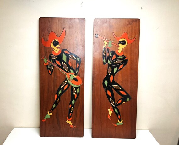 Large Mid Century Teak Harlequin Jester Wall Plaques - Set of 2 