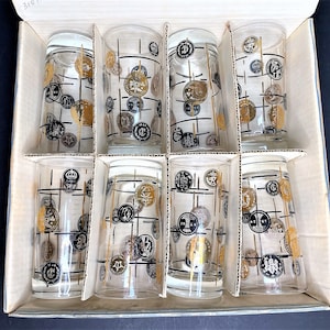 Vintage Libbey &quot;Old Coins&quot; Tumbler Set in Original Box - Set of 8 - Libbey &quot;Old Coins&quot; Black & 22K Gold Highball Glasses - Retro Barware