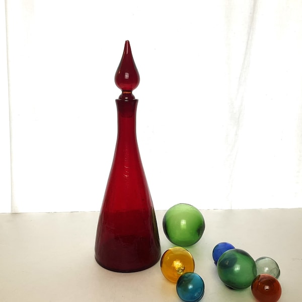 Vintage Empoli Art Glass Genie Bottle Decanter - 14"- Ruby Red Textured Glass - Flame Stopper - MCM Italian Blown Glass Genie Bottle -AS IS