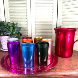 Colorful Vintage Bascal Anodized Aluminum Drinkware Set - Atomic Mid-Century Pitcher, Tumblers & Tray - Vibrant Jewel tone - Retro Barware