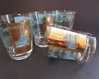 Vintage Libbey Southern Comfort &quot;Steamboat&quot; Double Old Fashioned Glasses - 14 oz - Set of 4 - Aqua/Turquoise and  22K Gold - Vintage Barware