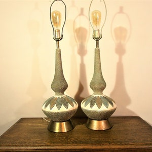 Pair of Mid Century Modern Quartite Creative CorpTable Lamps - 1960 - Vintage Danish Modern Lamps - Atomic Retro Textured Ceramic Lamps