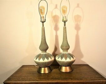 Pair of Mid Century Modern Quartite Creative CorpTable Lamps - 1960 - Vintage Danish Modern Lamps - Atomic Retro Textured Ceramic Lamps