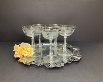 Mid Century Libbey Silver Leaf Champage Coupe or Large Cocktail Glasses - Libbey Silver Foliage Nick & Nora Cocktail Glasses - Set of 5