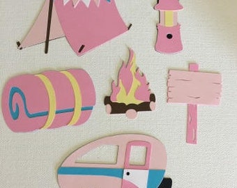 Glamping Die Cut Set of 6, Glamping Party, Glamping Birthday, Happy Camper Party, Girls Birthday, Girl Camping Party, Glamping Party Decor