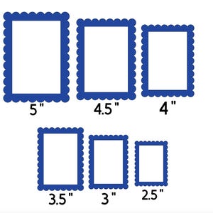 May include: A collection of six blue scalloped-edge frames in varying sizes. The largest frame is 5 inches, with others at 4.5, 4, 3.5, 3, and 2.5 inches. Each frame has a white interior.