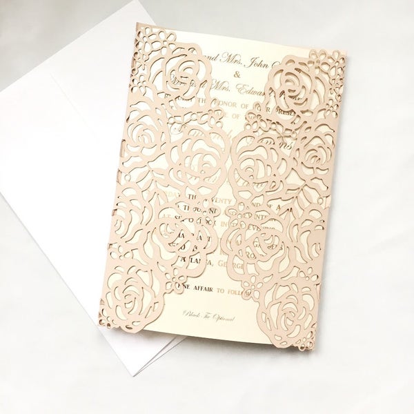 Rose, Flowers, Laser Cut, gatefold, Blush, Pink, Spring, Summer, elegance, Classy, Nature, Floral