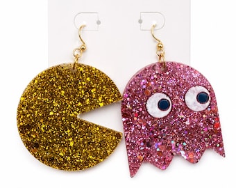 80s Arcade Inspired Resin Earrings, Dot Muncher & Ghost Set, Retro Gamer Jewelry, Pixel Game Earrings, Colorful Ghost Earrings, Handmade Res