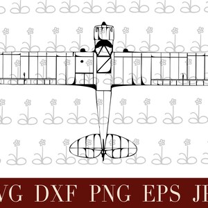 Peut inclure: Illustration en noir et blanc d'un biplan vu de dessus. L'avion a deux ailes, une hélice et une queue. Le fond présente un motif floral répété. Le texte "SVG DXF PNG EPS JPG" est en bas de l'image.