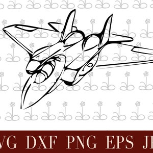 Puede incluir: Ilustración en blanco y negro de un avión de combate a reacción. La imagen incluye el texto "SVG DXF PNG EPS JPG" en la parte inferior. El fondo tiene un patrón repetitivo de pequeñas flores.