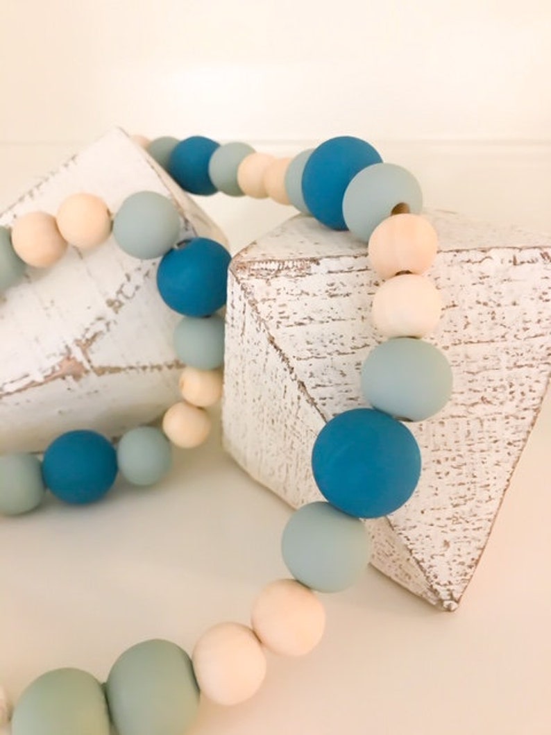 Teal Wooden Bead Garland Painted Bead Garland Home Decor Etsy