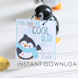 Valentine Printable - You are one COOL DUDE! - Instant Download -  Penguin Party Favor - Penguin Gift Tag