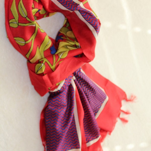 Handprinted Birds' Rendevouz Scarf with Tassles- Red and Amber