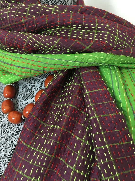 Reversible Vintage Silk Scarf- Kantha - image 3