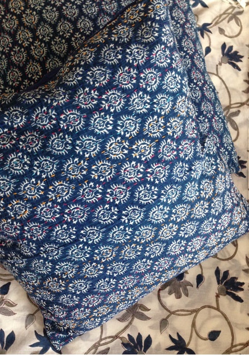 Indigo, Block Print, Kantha on 100% Cotton Pillow/ Cushion Covers image 2