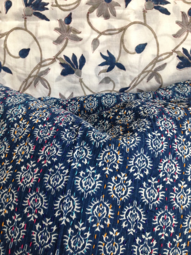 Indigo, Block Print, Kantha on 100% Cotton Pillow/ Cushion Covers image 1