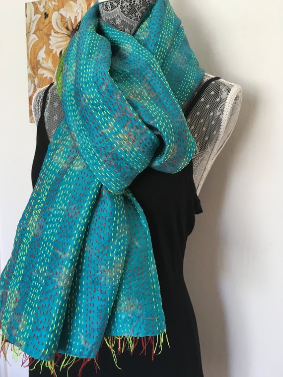 Reversible Vintage Silk Scarf- Kantha - image 4