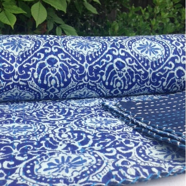 Block Printed Katha Quilt- 100% Cotton, Reversible- Quilt/ Bed Spread