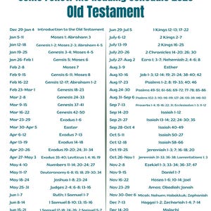 May include: A teal and white schedule for the year 2026, titled "Come Follow Me Reading Schedule." The text lists dates and corresponding readings from the Old Testament, including Genesis, Exodus, and Isaiah. The schedule is designed for religious study.
