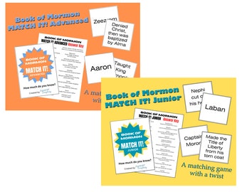 Peut inclure: Deux jeux de correspondance, un pour les joueurs avancés et un pour les juniors, basés sur le Livre de Mormon. Les jeux présentent des cartes colorées avec du texte et des images. L'ensemble avancé a un fond jaune et l'ensemble junior a un fond orange clair.
