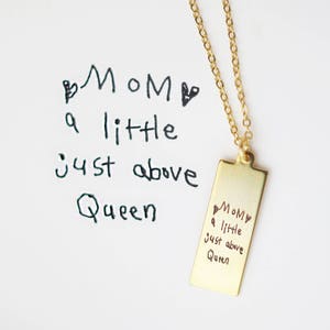 child's handwriting Necklace / kids writing jewelry / Personalized handwritten Vertical Bar Necklace / Customized Gift for her image 1