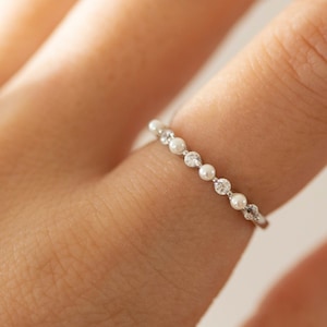 Pearl Diamond Wedding Band Women •  Half Eternity Stacking ring Band Crescent Pearl Ring • Delicate Stacking Ring • Bridesmaid proposal ring