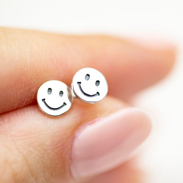 Dainty Smiley face stud earrings / Sterling silver earrings / Simple small studs