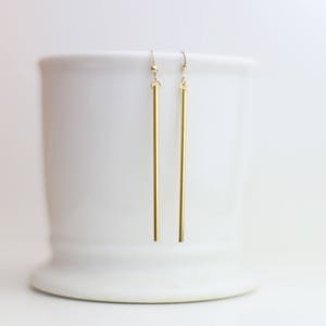 Gold stick dangle drop earrings // Gifts for her // Simple drop earrings // Bar earrings image 1