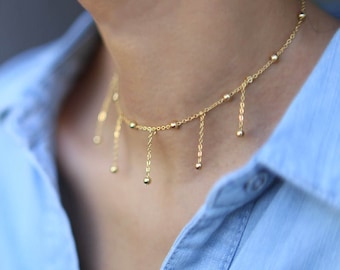 Gold Beaded Ball Dangle Choker Necklace  // Satellite Necklace // Dew Drop Choker Necklace // Shaker Choker Necklace Chain choker necklaces