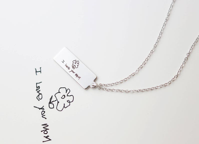 child's handwriting Necklace / kids writing jewelry / Personalized handwritten Vertical Bar Necklace / Customized Gift for her image 7