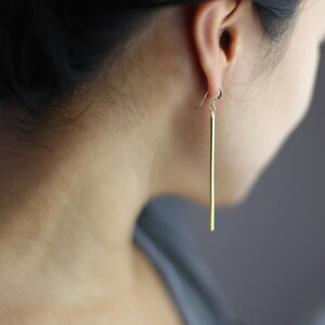 Gold stick dangle drop earrings // Gifts for her // Simple drop earrings // Bar earrings image 2