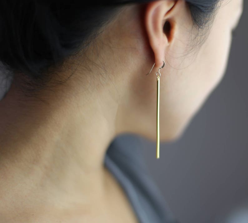 Gold stick dangle drop earrings // Gifts for her // Simple drop earrings // Bar earrings image 2