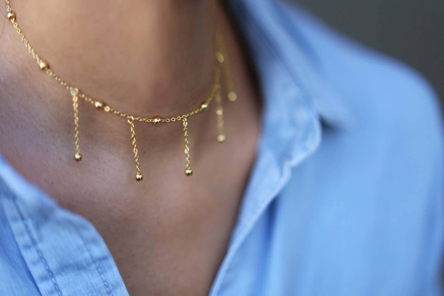 Gold Beaded Ball Dangle Choker Necklace // Satellite Necklace Etsy