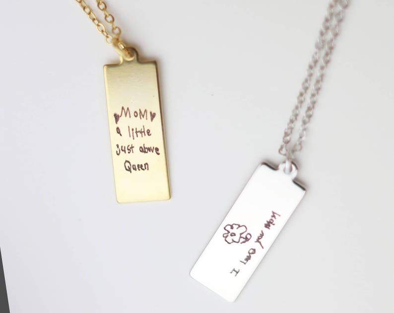 child's handwriting Necklace / kids writing jewelry / Personalized handwritten Vertical Bar Necklace / Customized Gift for her image 4