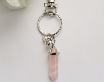 Rose quartz keychain, quartz crystal keychain, rose quartz dagger, birthday gift for daughter, rose quartz purse charm, graduation gift