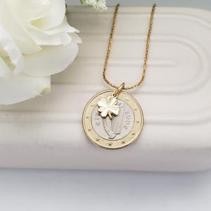 Irish coin necklace, Irish charm necklace, Irish gift for sister, harp jewelry, birthday gift for friend, Irish jewelry, one euro coin