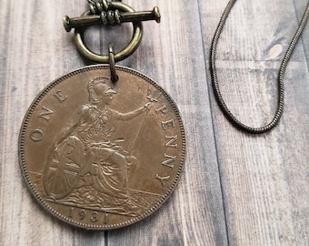 British coin necklace, English coin necklace, birthday gift for Anglophile, British gift for friend, vintage coin necklace, British penny