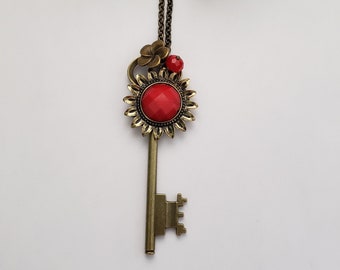 Skeleton key necklace, red flower necklace, bronze key necklace, floral necklace for woman, birthday gift for girlfriend, repurposed jewelry