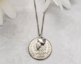 Polish coin necklace, Polish gift for sister, silver coin pendant, layer necklace, heritage jewelry, birthday gift for mom, Polish charm