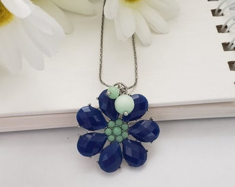 Blue flower necklace, floral jewelry, spring necklace, birthday gift for sister, Mother's Day gift for Mom, repurposed jewelry, summer gift